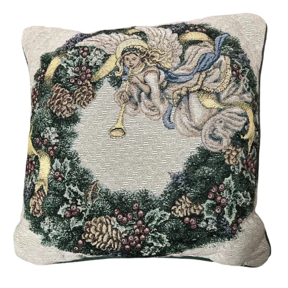 Lena Liu Beige Green Angel Print  tapestry Decorative Throw Pillow  16 x 16